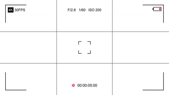 Camera Recorder Screen Overlay with Rule of Thirds Grid, Alpha Channel on Transparent Background, Viewfinder Display with Timer and Settings