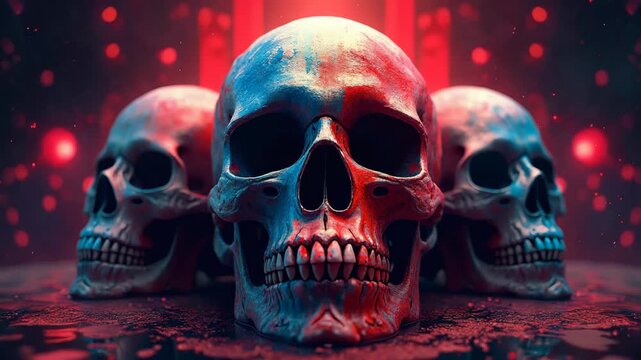 Skull with vivid paint. Spooky concept. Halloween or Santa Muerte concept. Retro future background..