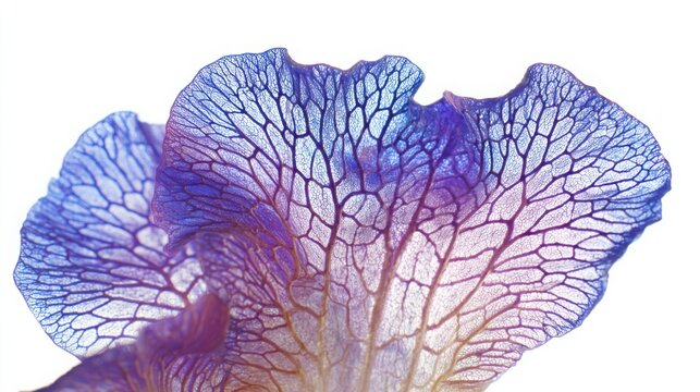 Extreme macro of iris petal with blue and purple gradient, intricate vein pattern, translucent organic structure, skeleton effect, isolated on clean