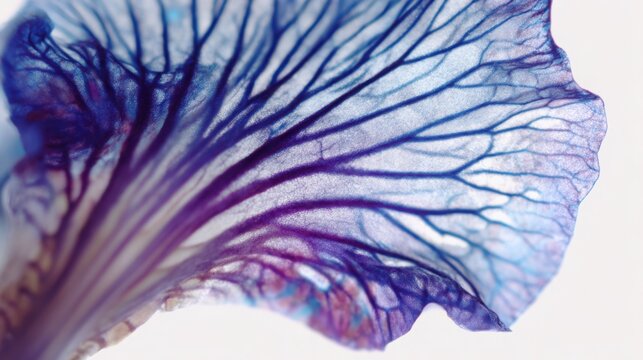 Extreme macro of iris petal with blue and purple gradient, intricate vein pattern, translucent organic structure, skeleton effect, isolated on clean