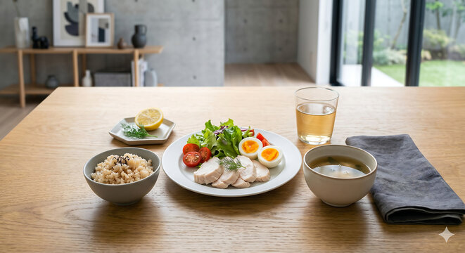 Healthy and Balanced Japanese Meal with Steamed Chicken and Brown Rice / 蒸し鶏と玄米の健康的でバランスの良い和食定食