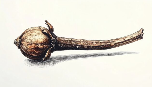 Detailed illustration of a single clove spice on a white background with soft shadow botanical study