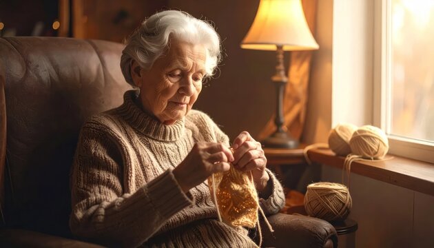 Elderly woman knitting a sweater in a cozy armchair by the window with warm lamp light