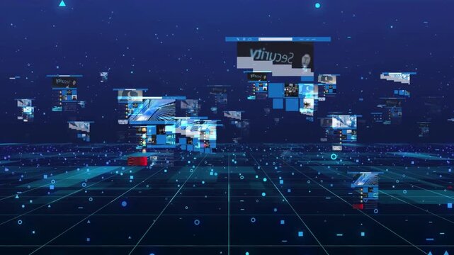 Futuristic Digital Interface and Data Analytics.  conceptual visualization of a high-tech digital interface featuring floating data panels, holographic screens, and geometric structures. 