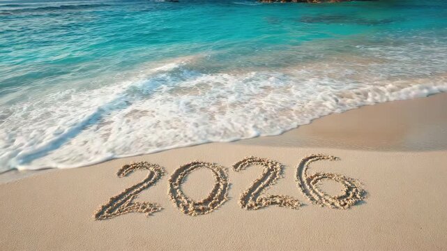2026 written in sand on tropical beach surrounded by clear water