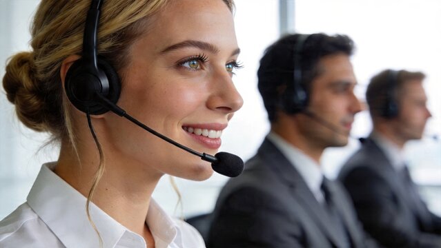 Business customer service team wearing headsets in call center smiling young woman agent taking phone calls professional support staff helping clients corporate office environment