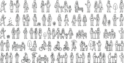 Obraz premium Massive collection of black and white line art people characters in winter outfits featuring families couples and outdoor urban activities vector illustration.