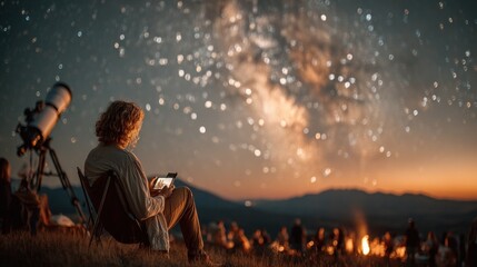 Fototapeta premium Person watches stars with telescope and others by campfire