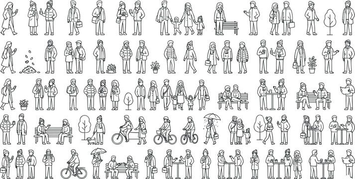 Massive collection of black and white line art people characters in winter outfits featuring families couples and outdoor urban activities vector illustration.