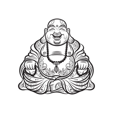 Decorative black and white line art vector illustration of a laughing Buddha isolated on white background