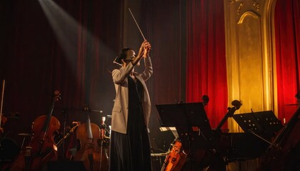 Fototapeta premium Female orchestra conductor leading musicians on stage with red curtains and spotlight illumination