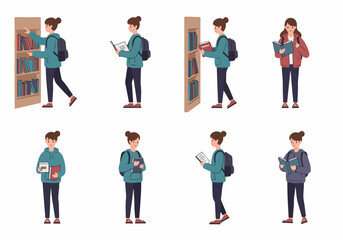 Obraz premium Set of flat vector illustrations of young female students engaged in various library activities like reading, searching bookshelves, and carrying school bags.