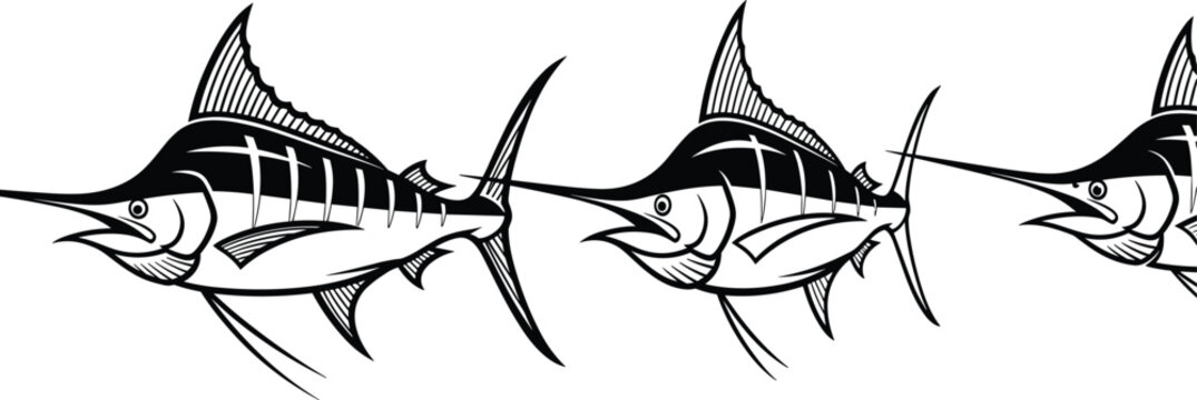 Marlin Fish Illustration Set with Detailed Ocean Predator Outline Vector Collection for Fishing Sport Seafood Design and Marine Wildlife Art