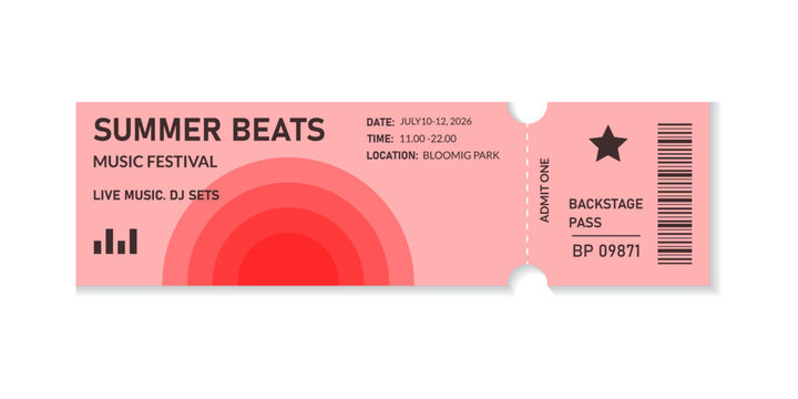 Modern musical festival ticket  isolated on transparent background. Minimalistic music consert coupon. Decorative element for summer events and festivals. Admit one ticket. Vector illustration.