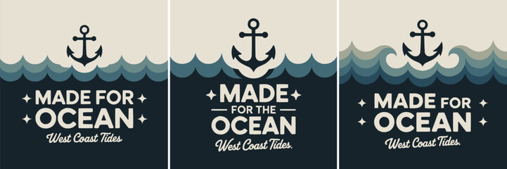 Three nautical style logo designs featuring anchor icons and stylized ocean waves © Vectyx