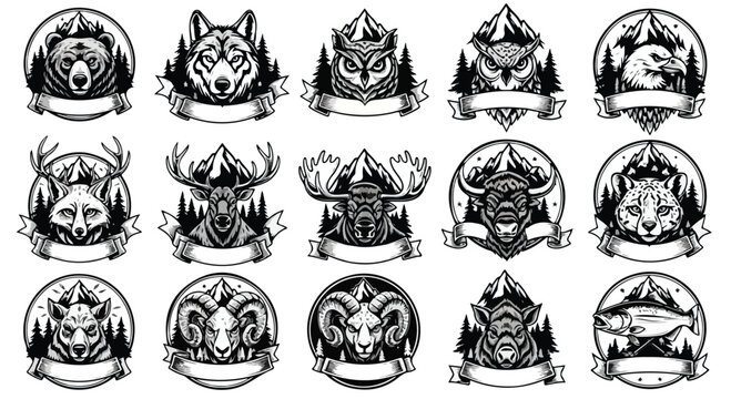 Collection of 14 black and white animal head logos with various creatures on a white background in a graphic illustration style.