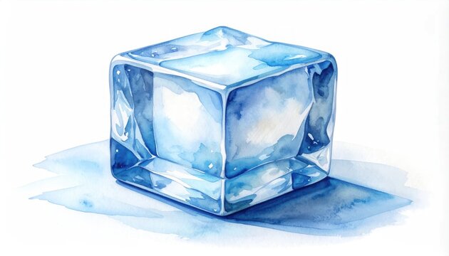 Watercolor illustration of a translucent ice cube with cool blue tones isolated on a white background