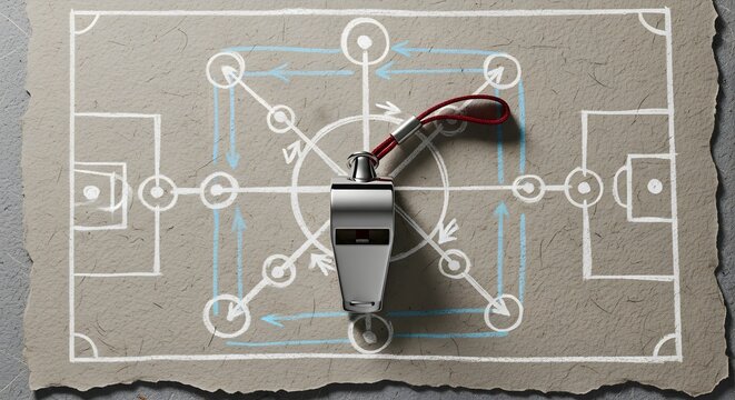 Strategic soccer field diagram with player movement paths and a coach's whistle, symbolizing tactical game planning, sports strategy, and effective team coaching