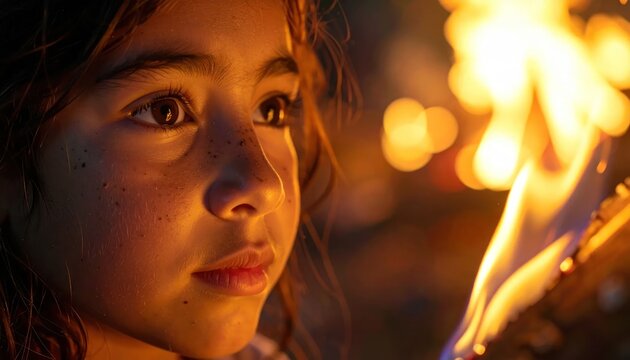 Close up of a young girl's face illuminated by warm firelight outdoor night scene