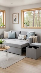 Fototapeta premium Cozy Living Room with Convertible Sofa and Natural Light.