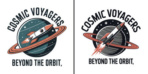 Vintage cosmic voyagers badge featuring a rocket ship orbiting a ringed planet © Vectyx