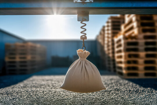 A sandbag hanging from a spring scale with stacked wooden pallets blurred in the background, illuminated by bright sunlight.