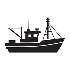 Obraz premium Black fishing boat trawler silhouette vector illustration isolated on white background
