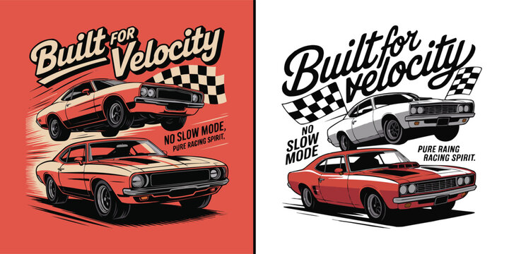 Retro style muscle car graphic design featuring a vintage racing sports vehicle