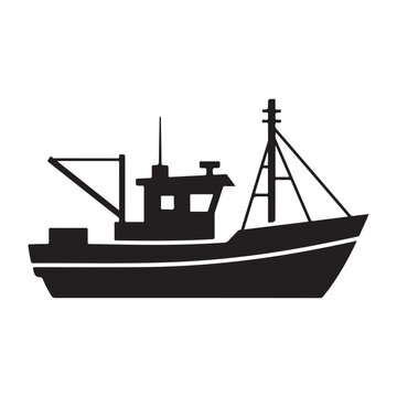 Black fishing boat trawler silhouette vector illustration isolated on white background