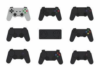 Collection of various video game controller icons and illustrations in a flat vector style isolated on a white background. © Nafa Project