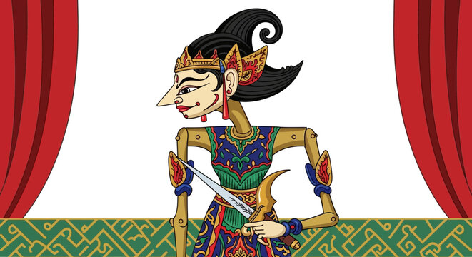 Traditional Indonesian Wayang Kulit Shadow Puppet Illustration, Javanese Cultural Heritage Character with Keris and Stage Curtains