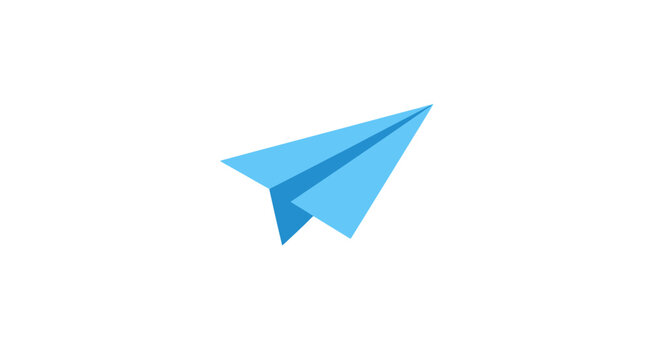 Minimalist blue paper airplane icon conveying messages, concepts, and ideas on white background