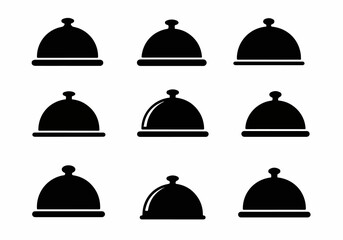 Fototapeta premium Set of minimalist black silhouette dish cover icons representing dining and catering service on a clean white background.