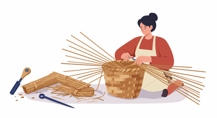 Woman artisan weaving a traditional wicker basket by hand, illustration of a craft workshop with tools and materials on white background. © Nafa Project