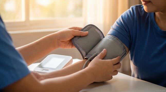 Healthcare professional applying a blood pressure cuff to a patient's arm. The scene conveys care and medical examination in a bright room. Ideal for healthcare and wellness articles.
