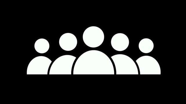 A group of white stylized people icons with rounded heads and bodies are animated on a black background, representing community and teamwork in a simple graphic style, with subtle motion for a modern