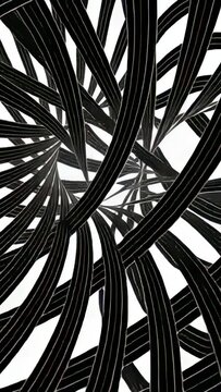 Vertical video: Entering ribbons forming dense pinstriped loops on white field, revealing dark tag