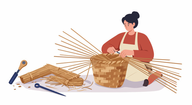 Woman artisan weaving a traditional wicker basket by hand, illustration of a craft workshop with tools and materials on white background.