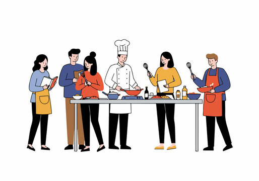 Group of People Learning Culinary Skills from a Professional Chef in a Modern Cooking Class Illustration