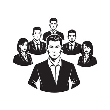 Professional business team and leader in suits vector illustration isolated on white background