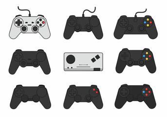 Vector illustration set of various modern and retro game controllers and gamepads in flat line art style isolated on white background © Nafa Project