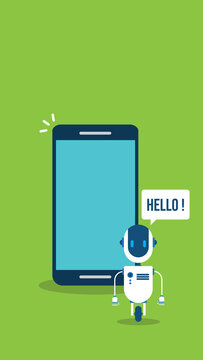 AI Chatbot Greeting Mobile App Assistant Robot Hello Message Smartphone Interface Concept