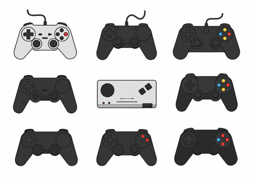 Vector illustration set of various modern and retro game controllers and gamepads in flat line art style isolated on white background