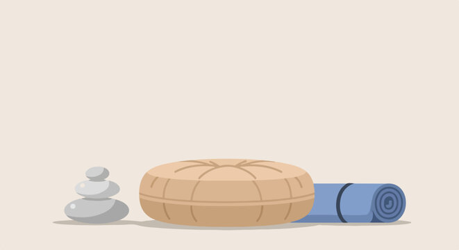A minimalist vector illustration featuring a stack of stones, a round floor cushion, and a rolled-up blue yoga mat on a plain background.