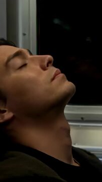 Vertical video: Dozing man in jacket reclining on seat, train motion lulling him, copy space