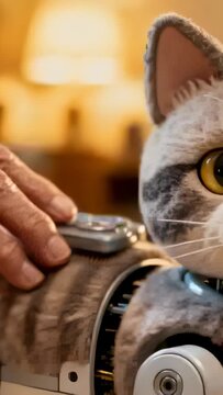 Vertical video: Elder hand reaching knob testing robot cat eye calming at home, copy space