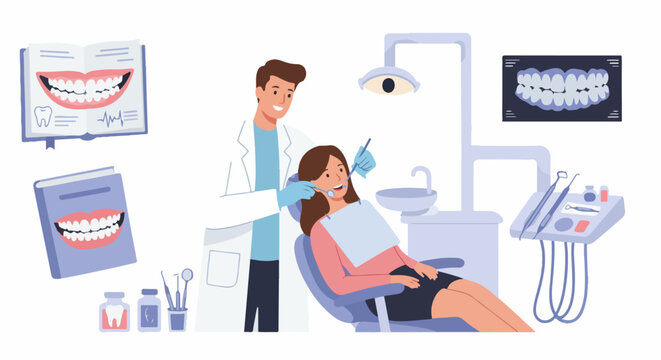Flat vector illustration of a professional dentist examining a patient's teeth in a clinic with dental tools and X-rays.