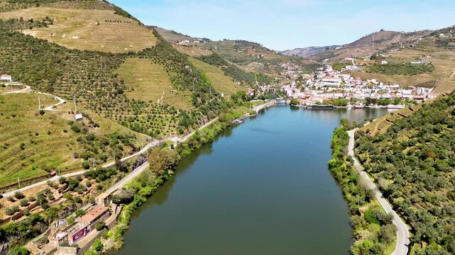 Aerial view of pinhao village in the douro valley wine region