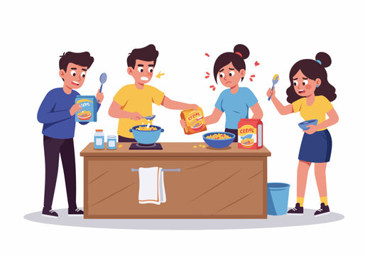 A Group of Confused Young Friends and Roommates Struggling to Prepare Breakfast in a Messy Kitchen Environment.