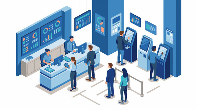 People making payment at a busy bank with tellers and ATMs